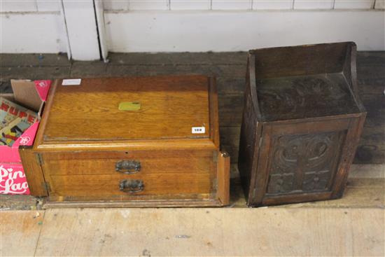 Canteen box, bottle & carved oak box